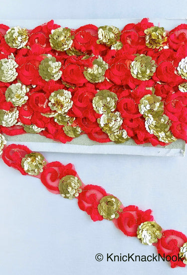 Red Lace Trim, Tissue Fabric Cutwork With Floral Embroidery & Gold Sequins,